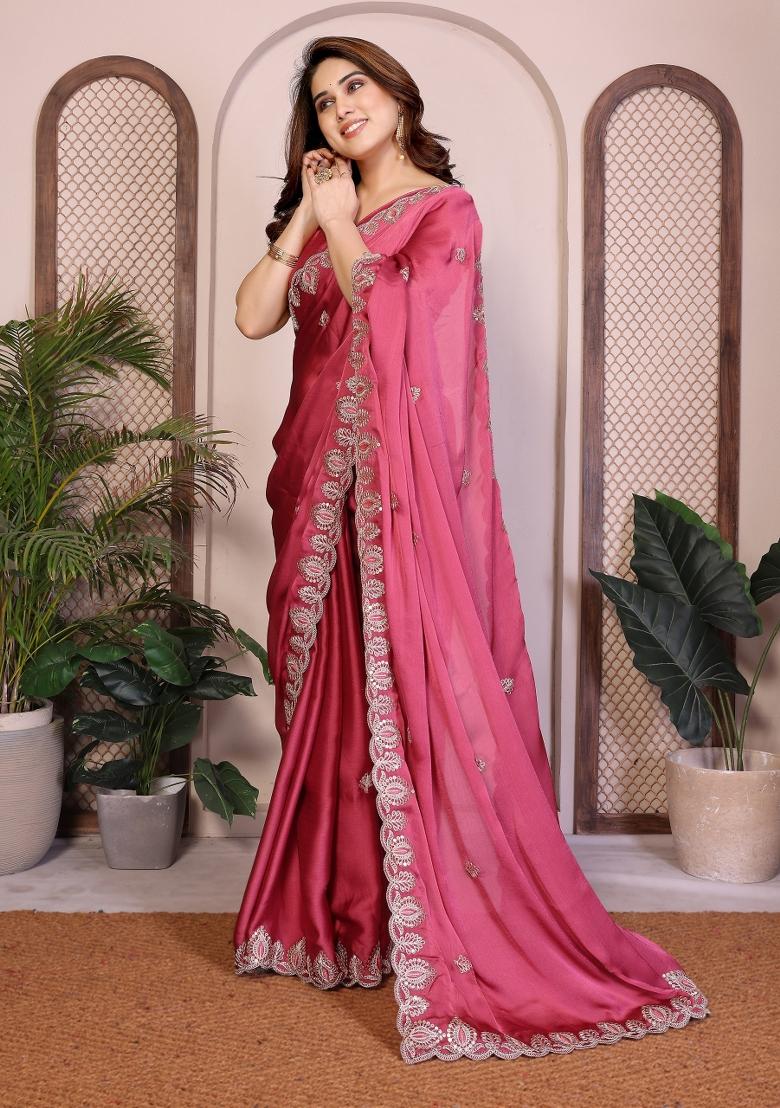 Pink Embroidered Satin Saree Set - Indya