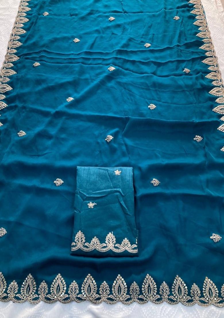 Teal Embroidered Satin Saree Set - Indya
