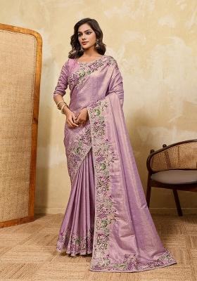 Lavender Embroidered Silk Saree Set