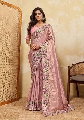 Pink Embroidered Silk Saree Set