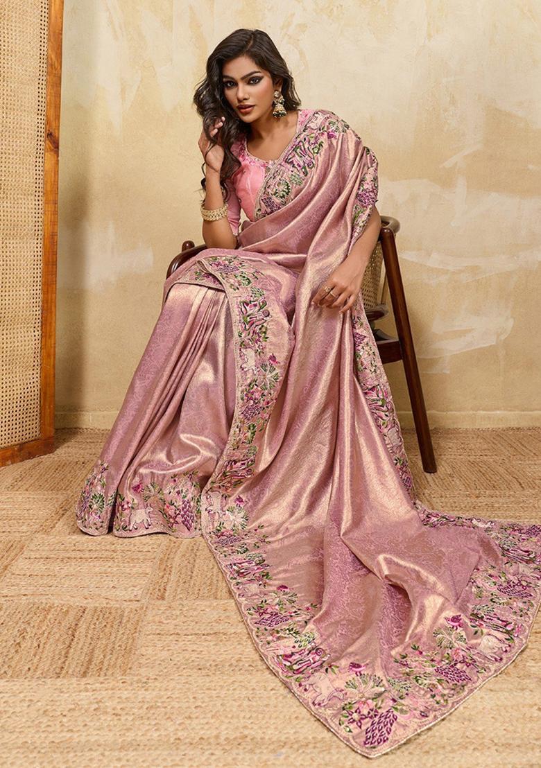 Pink Embroidered Silk Saree Set - Indya