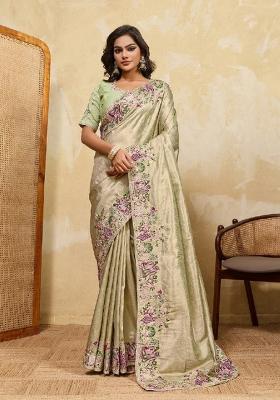 Sea Green Embroidered Silk Saree Set