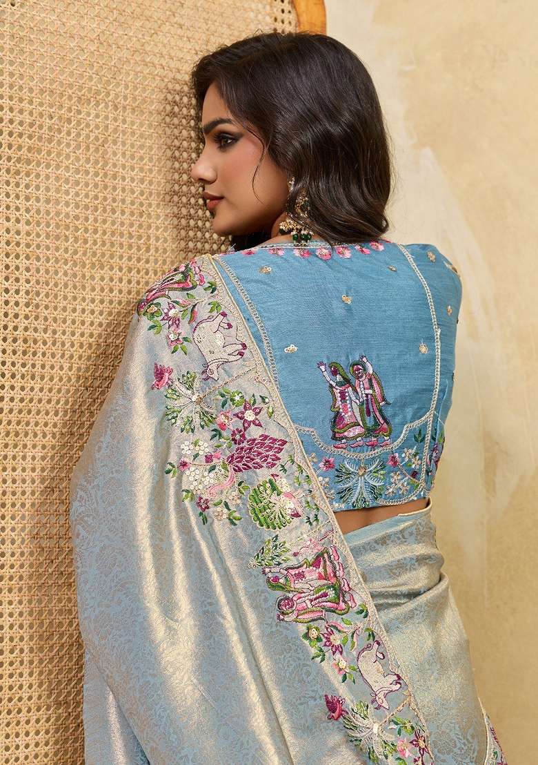 Sky Blue Embroidered Silk Saree Set for Diwali and Festive Wear - Indya