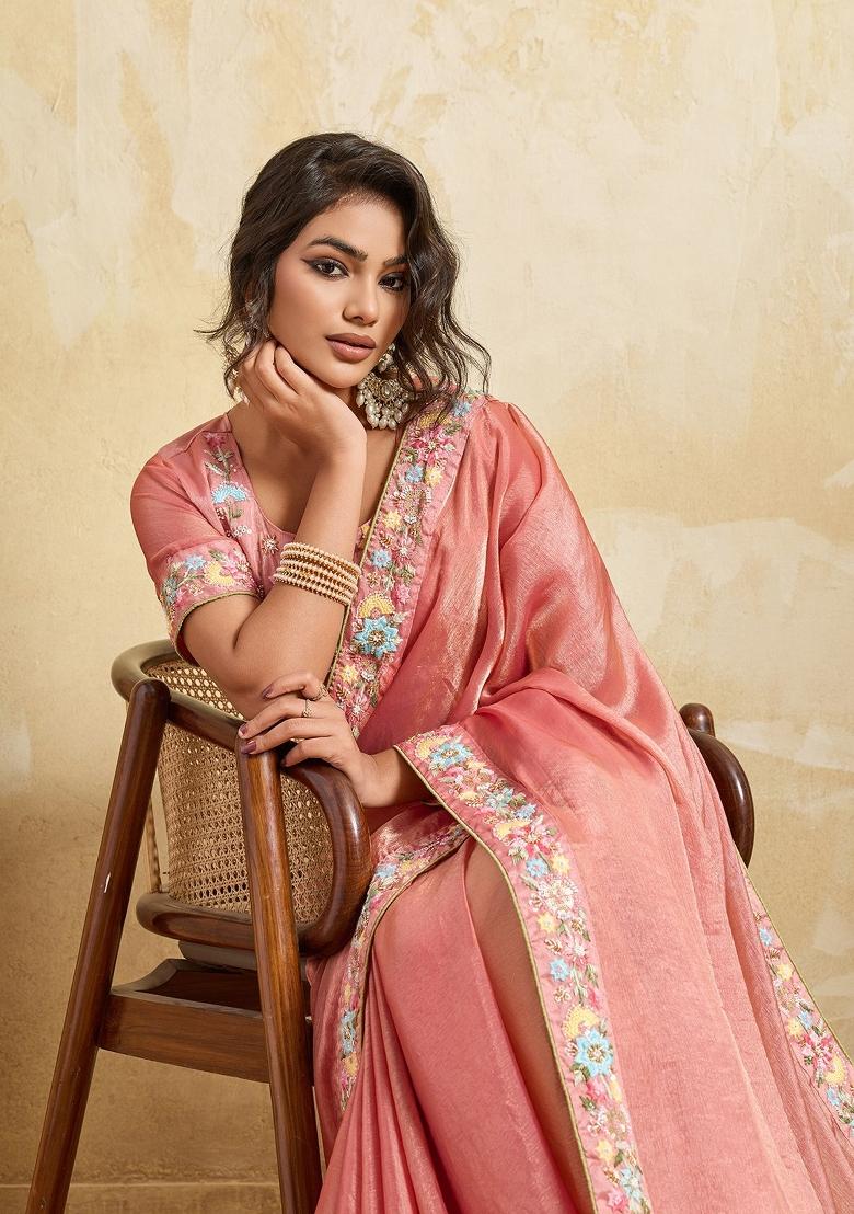 Pink Embroidered Fendi Saree Set - Indya