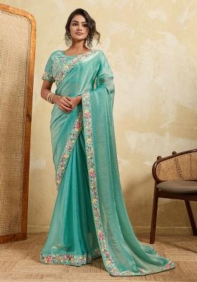 Sky Blue Embroidered Fendi Saree Set
