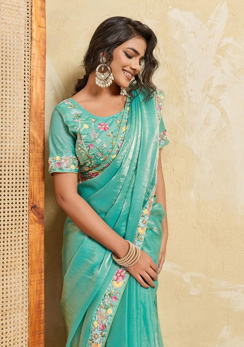 Sky Blue Embroidered Fendi Saree Set - Indya