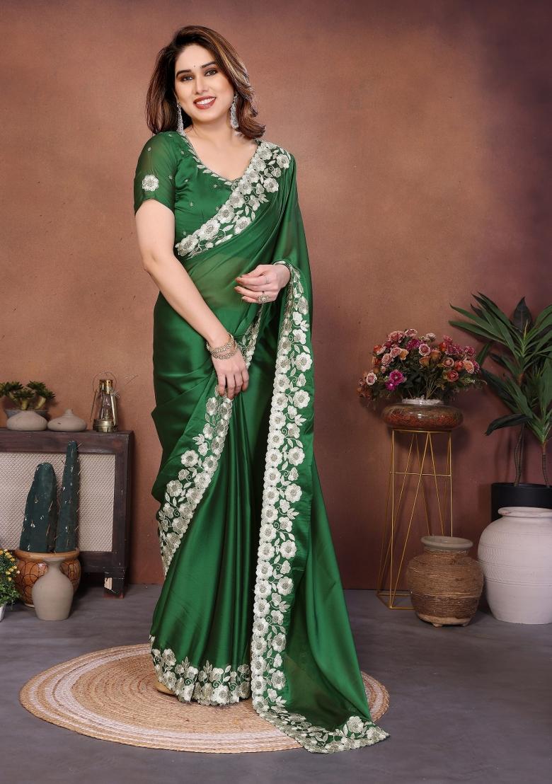 Green Embroidered Silk Saree Set - Indya