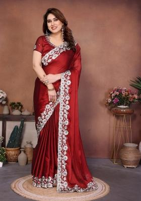 Maroon Embroidered Silk Saree Set