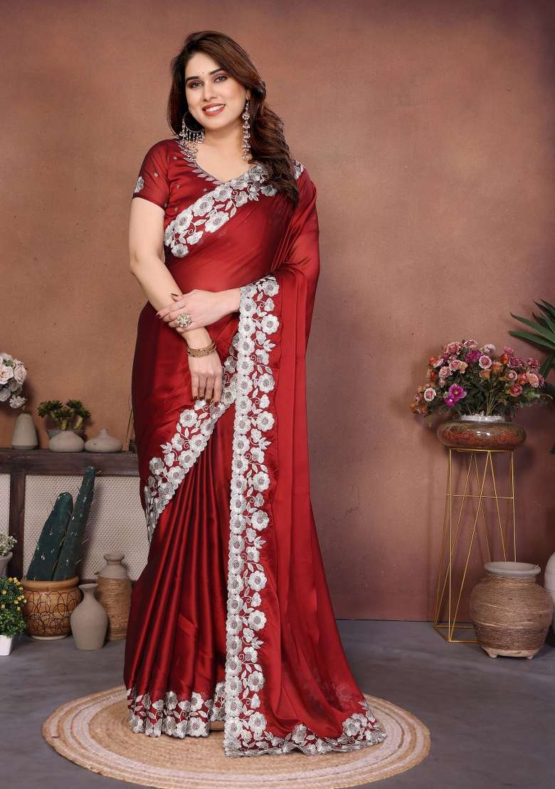 Maroon Silk Saree Set with Embroidered for Diwali | Wedding & Festive Wear - Indya