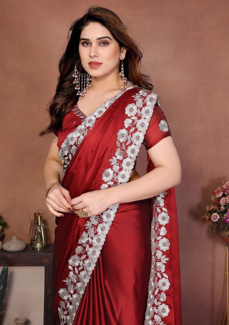 Maroon Silk Saree Set with Embroidered for Diwali | Wedding & Festive Wear - Indya