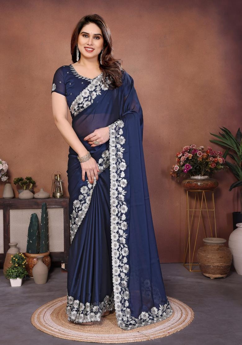 Navy Blue Embroidered Silk Saree Set - Indya