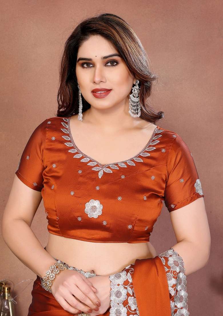 Rust Silk Saree Set with Embroidered for Diwali | Wedding & Festive Wear - Indya