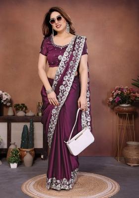 Wine Embroidered Silk Saree Set