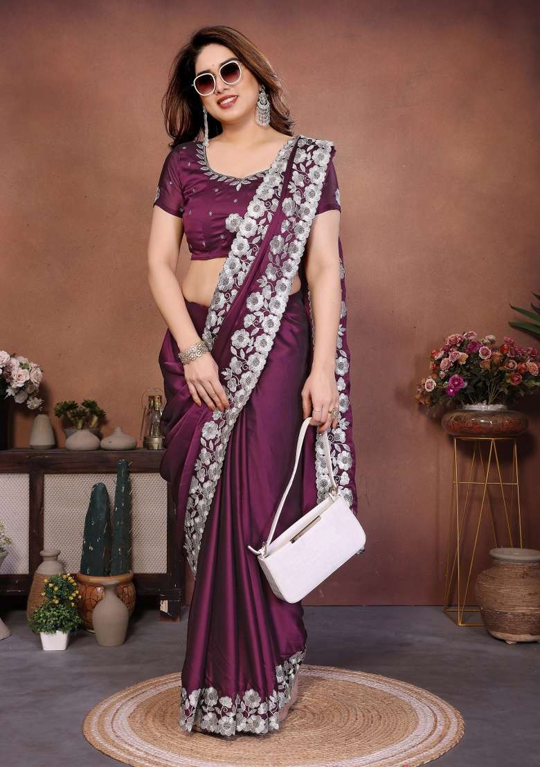Wine Silk Saree Set with Embroidered for Diwali | Wedding & Festive Wear - Indya