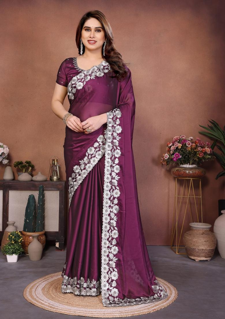 Wine Embroidered Silk Saree Set - Indya