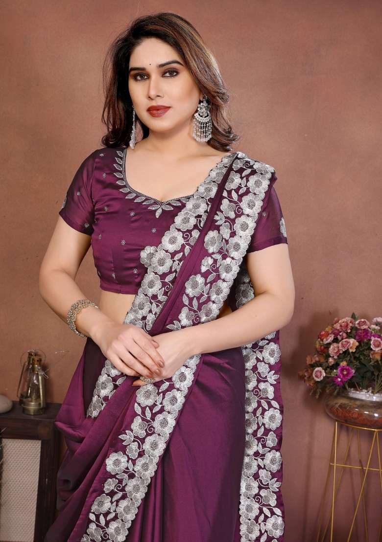 Wine Silk Saree Set with Embroidered for Diwali | Wedding & Festive Wear - Indya