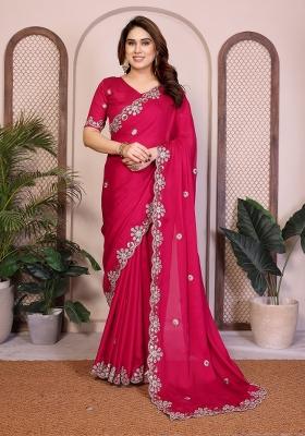 Pink Embroidered Satin Saree Set