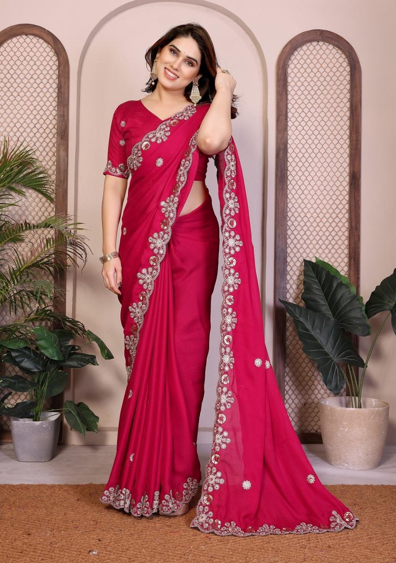 Pink Embroidered Satin Saree Set - Indya