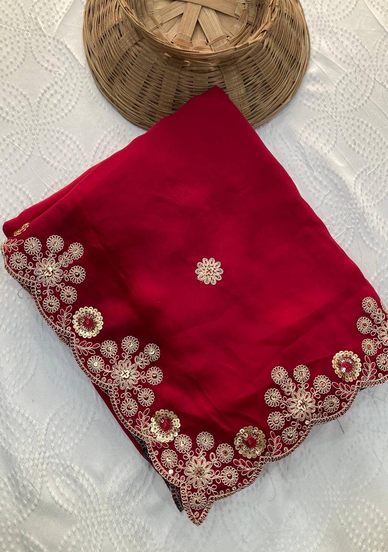 Pink Embroidered Satin Saree Set - Indya