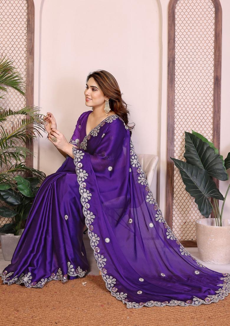 Purple Embroidered Satin Saree Set - Indya
