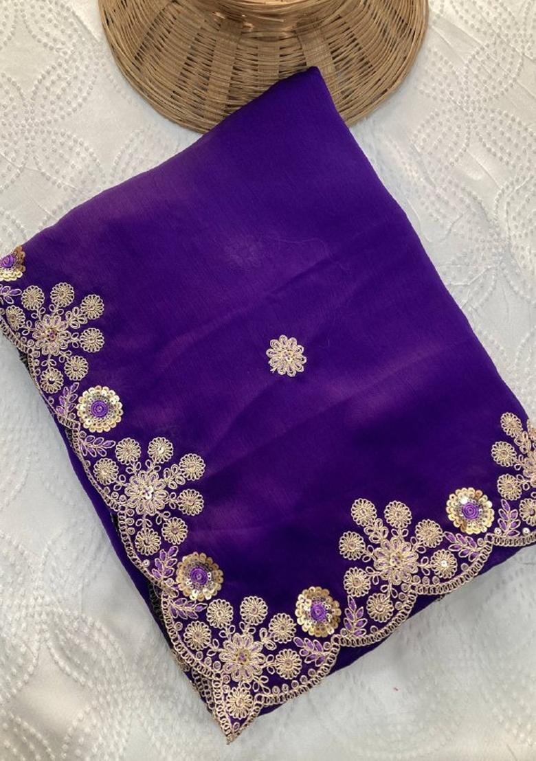 Purple Embroidered Satin Saree Set - Indya