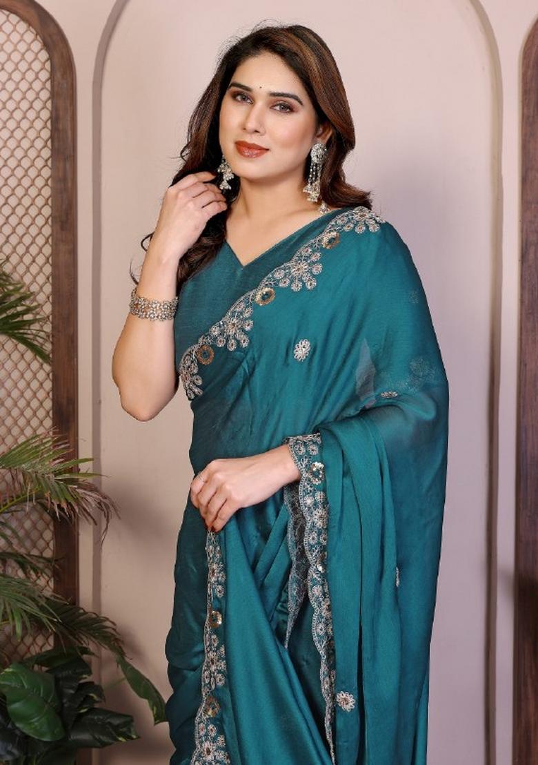 Teal Embroidered Satin Saree Set - Indya