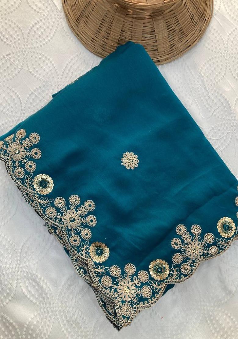 Teal Embroidered Satin Saree Set - Indya