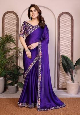 Purple Embroidered Satin Saree Set