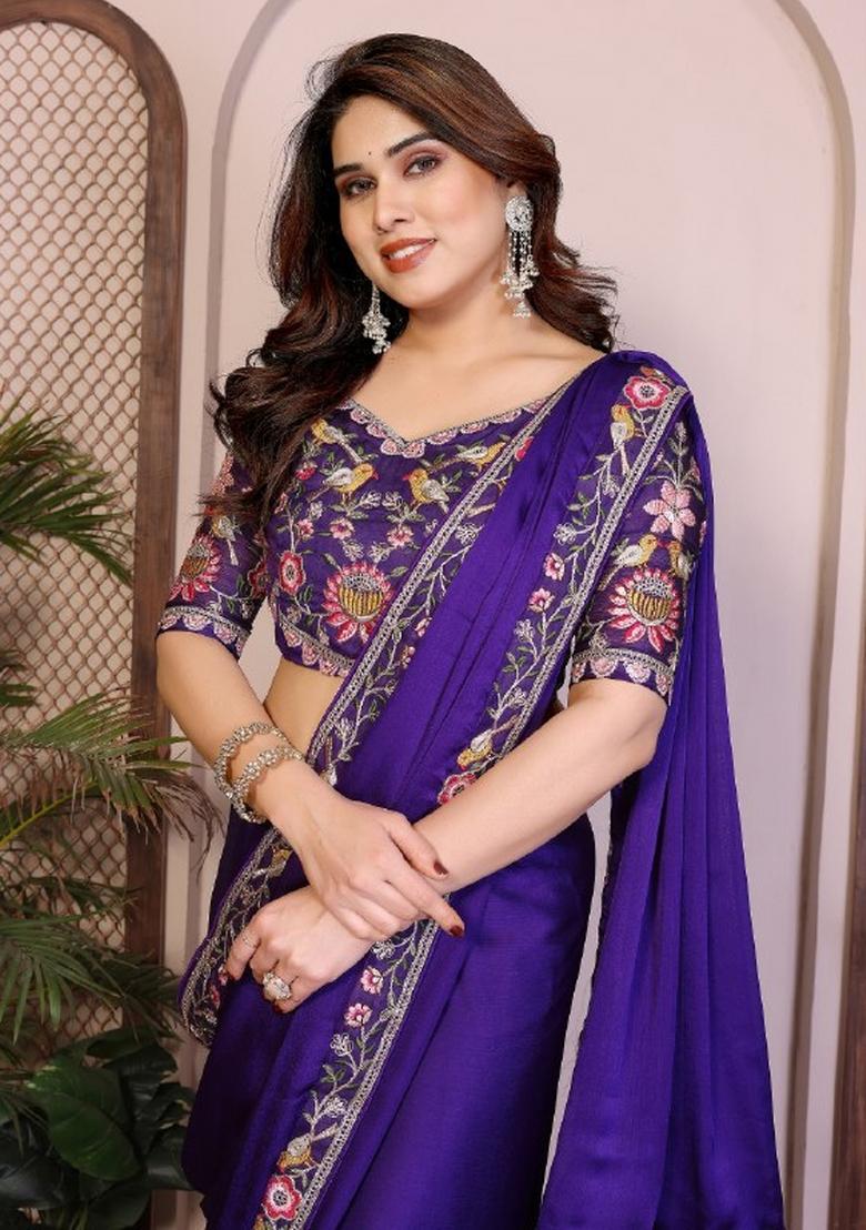 Purple Embroidered Satin Saree Set - Indya