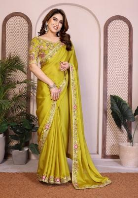 Yellow Embroidered Satin Saree Set