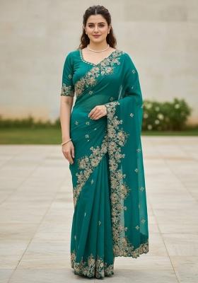 Teal Embroidered Saree Set