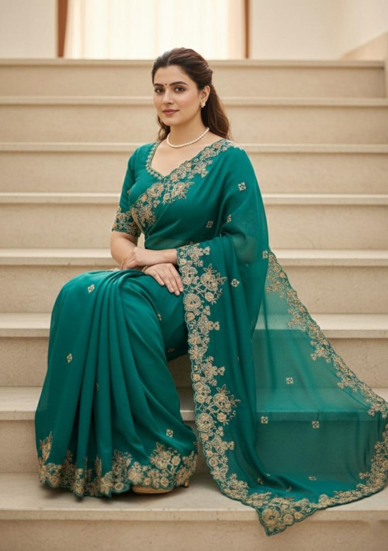 Teal Embroidered Saree Set - Indya
