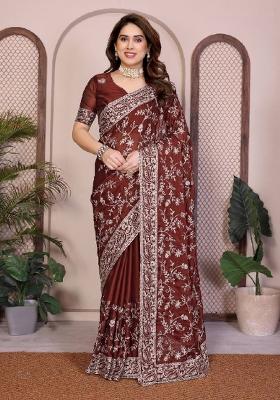 Maroon Embroidered Silk Saree Set