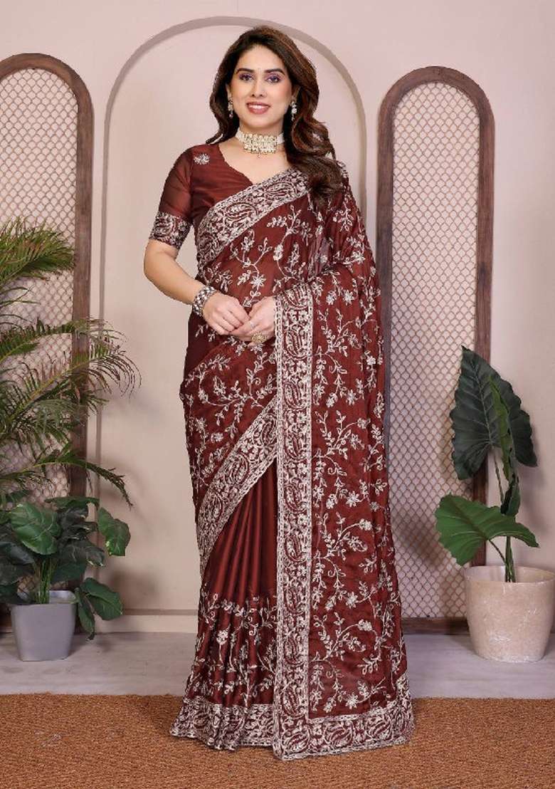 Maroon Silk Saree Set with Embroidered for Diwali | Wedding & Festive Wear - Indya