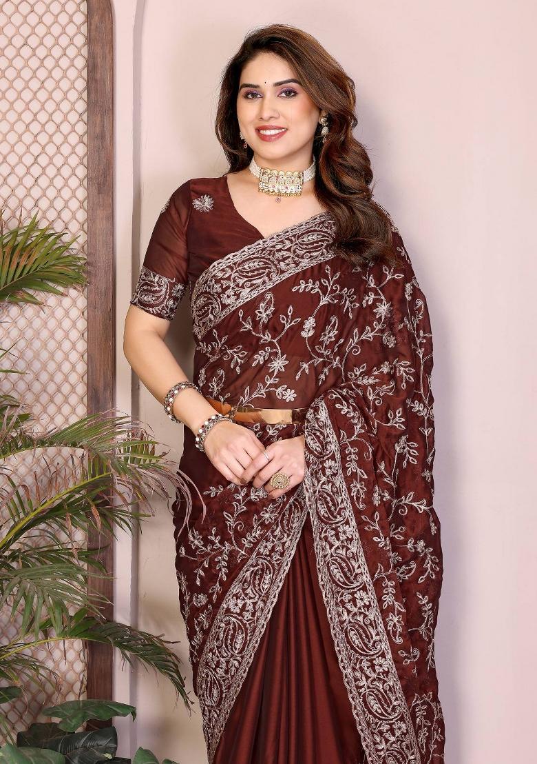 Maroon Embroidered Silk Saree Set - Indya