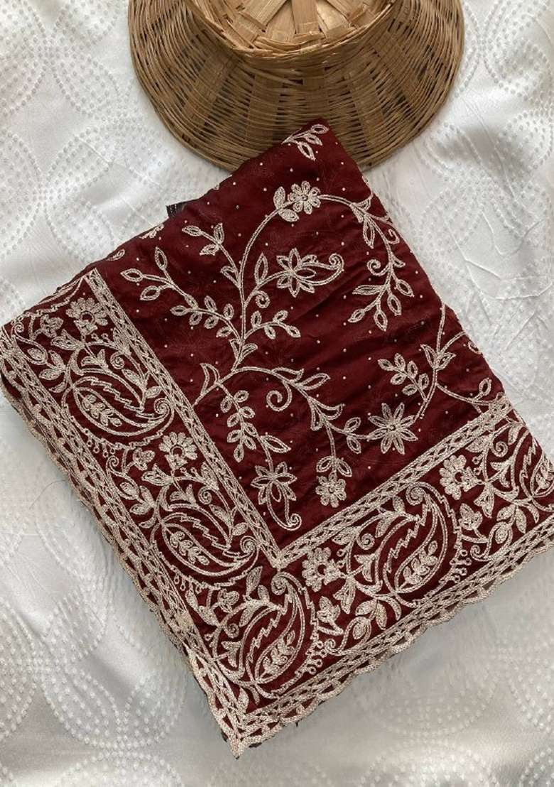 Maroon Silk Saree Set with Embroidered for Diwali | Wedding & Festive Wear - Indya