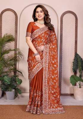 Rust Embroidered Silk Saree Set for Diwali and Festive Wear