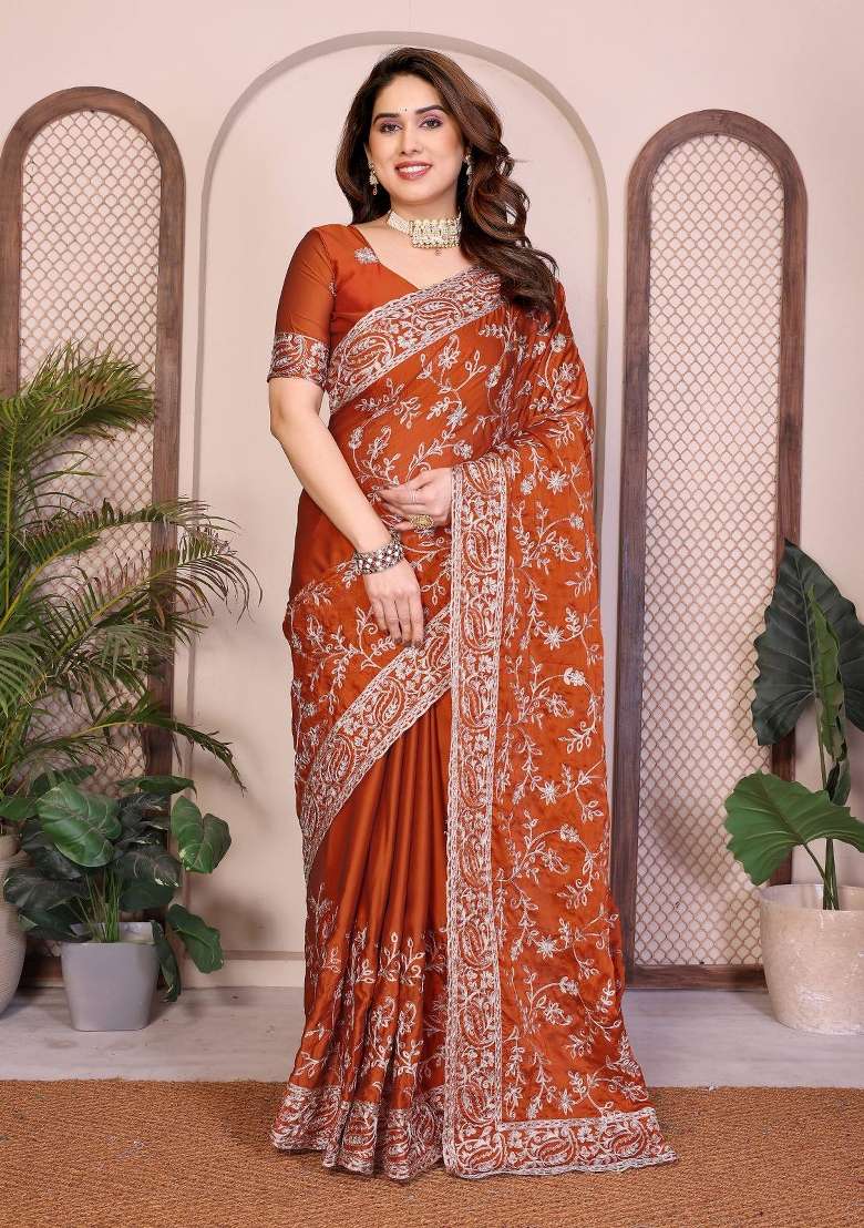 Rust Embroidered Silk Saree Set for Diwali and Festive Wear - Indya