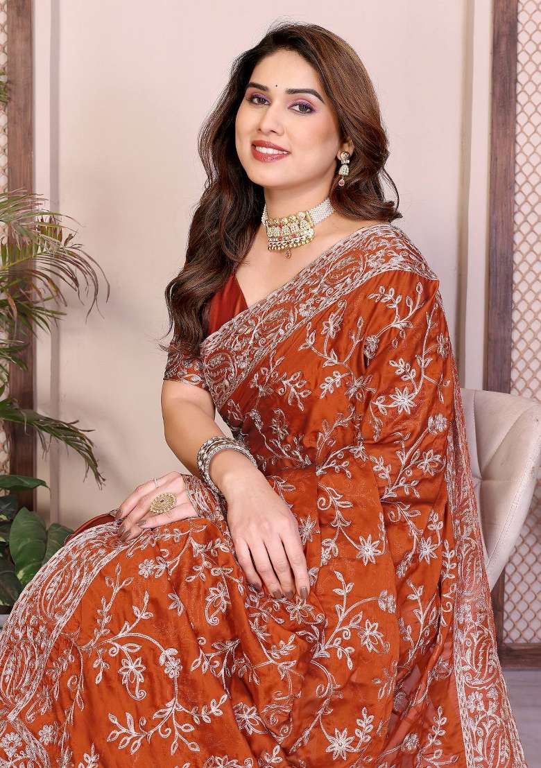 Rust Embroidered Silk Saree Set for Diwali and Festive Wear - Indya