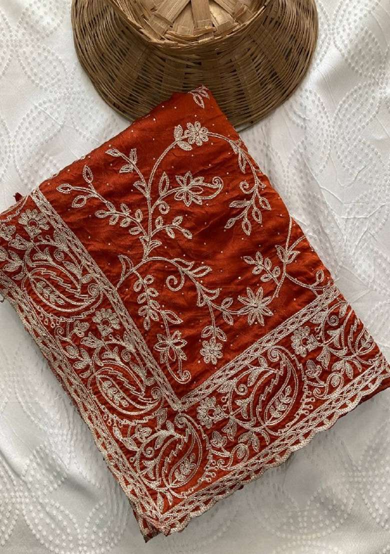 Rust Embroidered Silk Saree Set for Diwali and Festive Wear - Indya