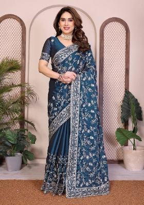 Teal Embroidered Silk Saree Set