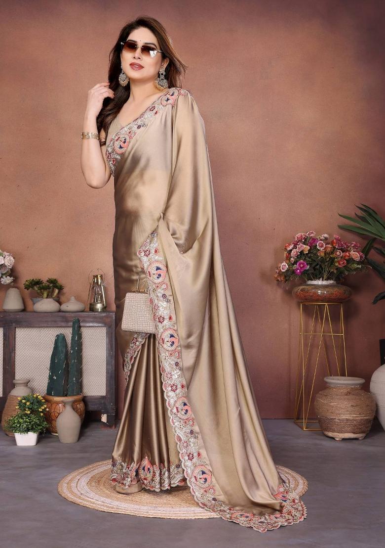 Light Brown Embroidered Silk Saree Set - Indya