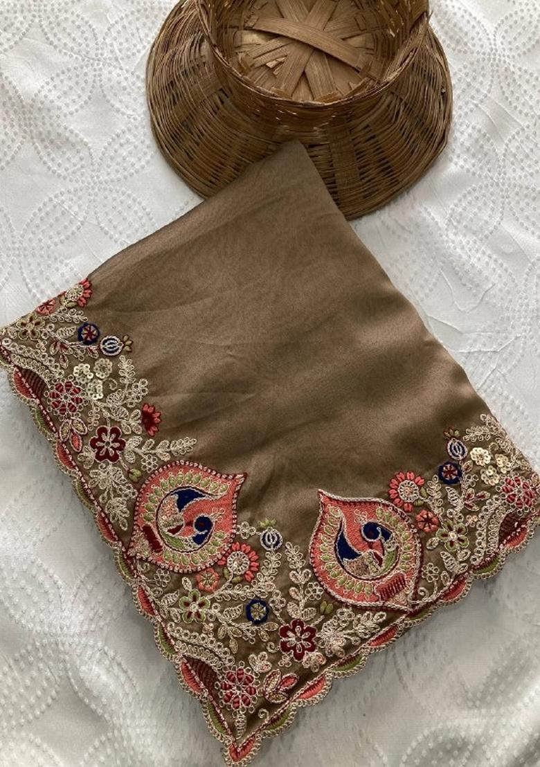 Light Brown Embroidered Silk Saree Set - Indya
