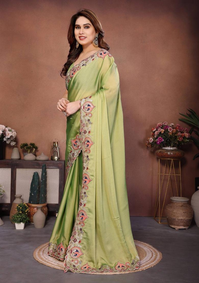 Pista Embroidered Silk Saree Set - Indya