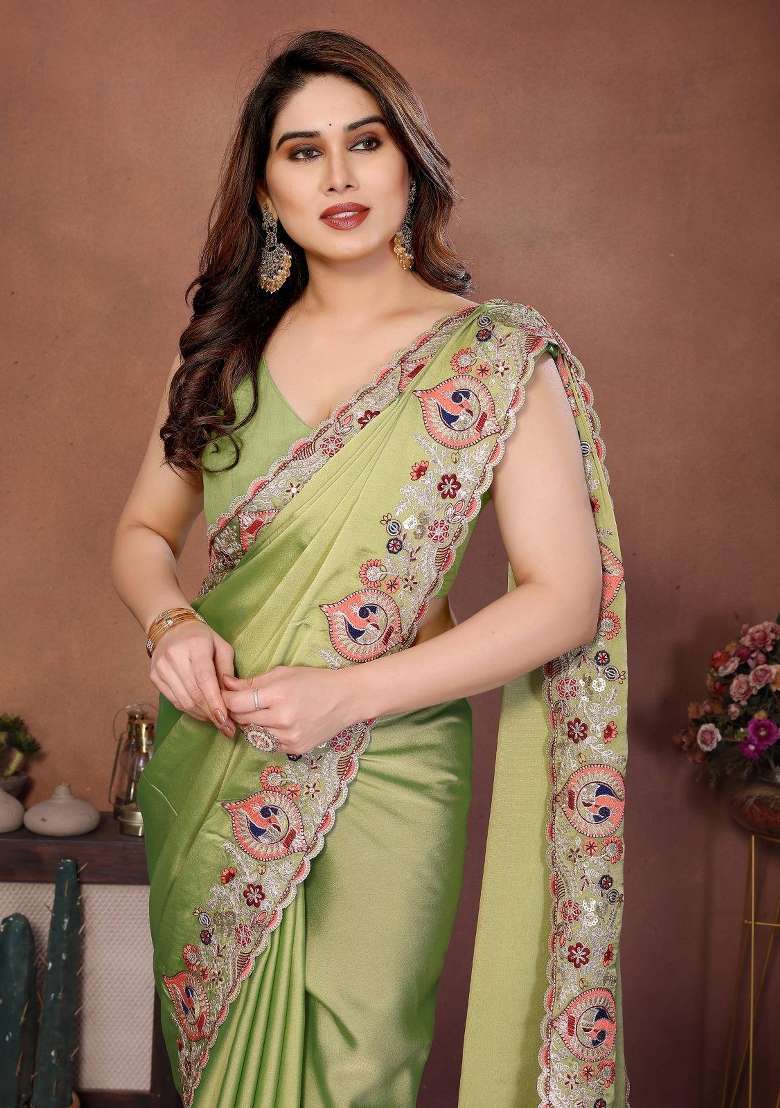 Pista Silk Saree Set with Embroidered for Diwali | Wedding & Festive Wear - Indya