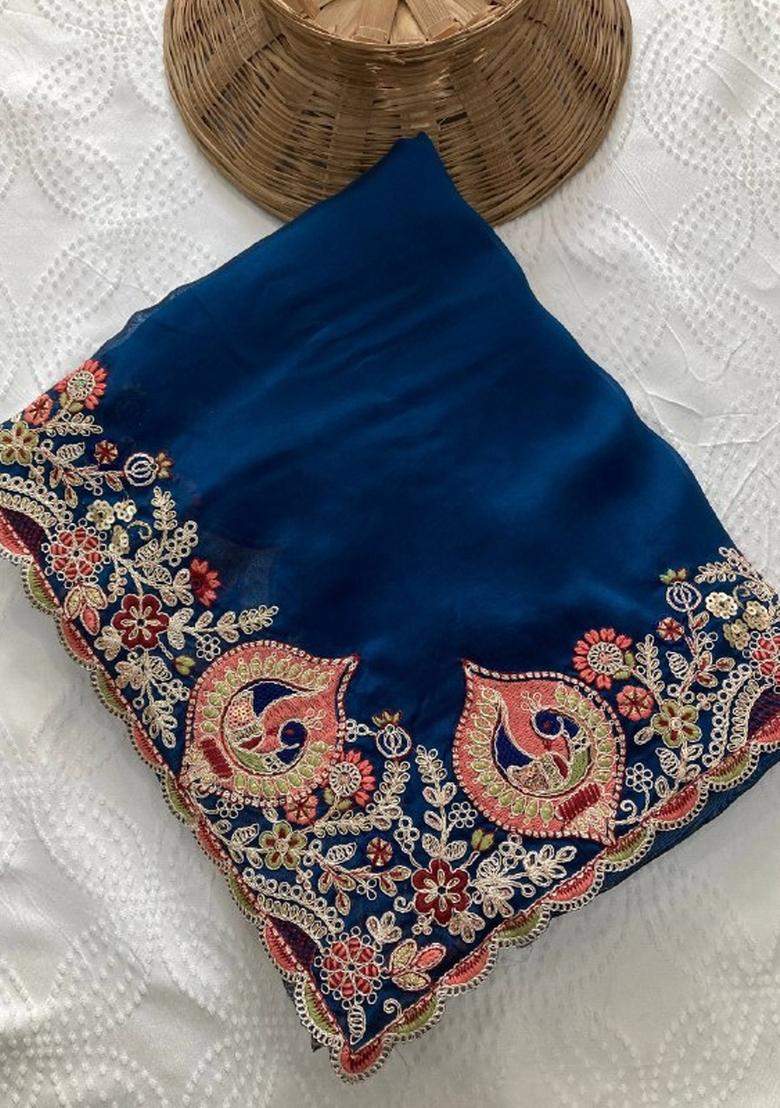 Teal Embroidered Silk Saree Set - Indya