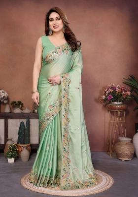 Sea Green Embroidered Silk Saree Set