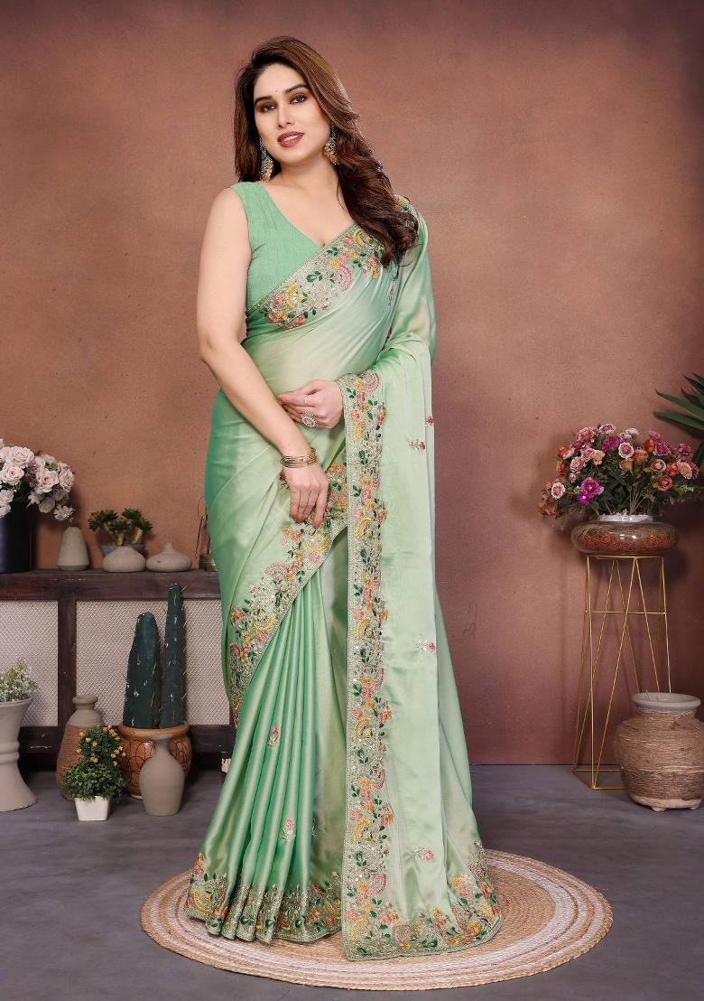 Sea Green Embroidered Silk Saree Set - Indya