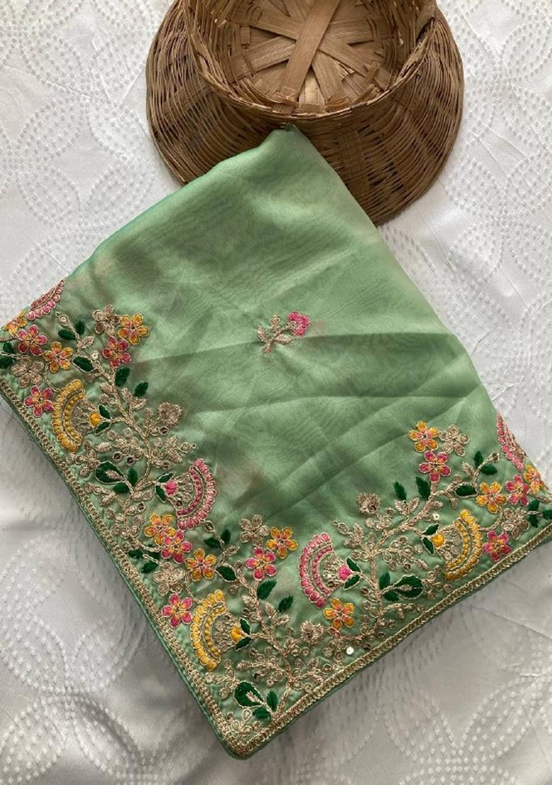 Sea Green Embroidered Silk Saree Set - Indya