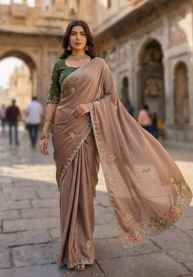 Light Brown Embroidered Silk Saree Set